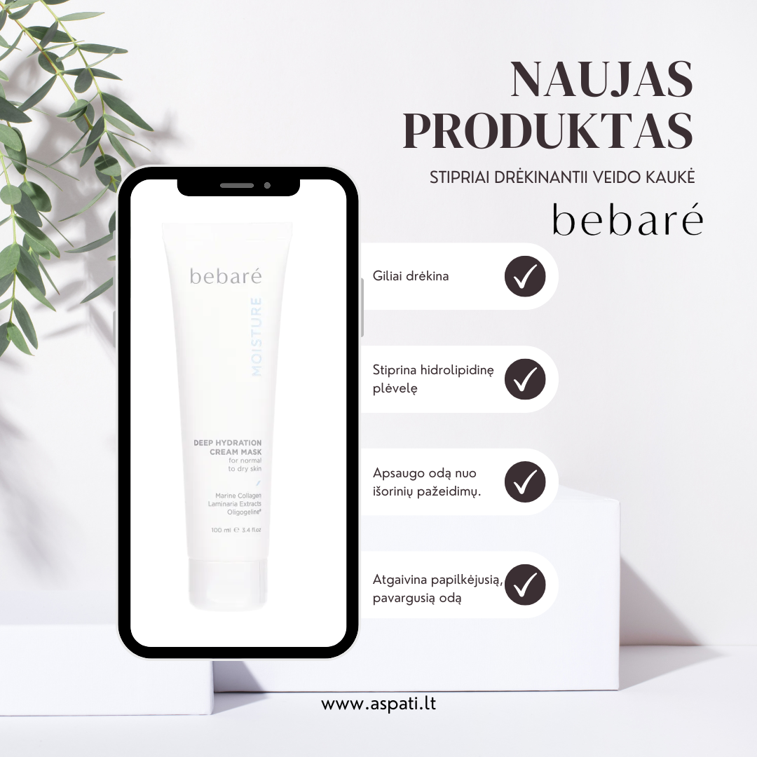 Bebare giliai drėkinanti kaukė sausai, šerpetojančiai, drėgmę praradusiai odai.