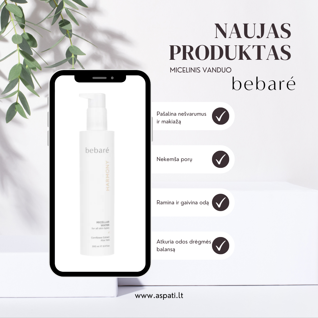 Bebare micelinis vanduo greitai nuvalo odos nešvarumus ir makiažą.